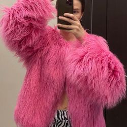 Pink Shaggy Fluffy Faux Fur Coat Solid Color Sweater, Long Sleeve Short Jacket, Women's Fashion Puffy Overcoat Outwear