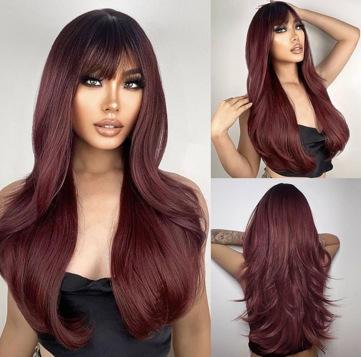 Nayasa Long Dark Red Wig For Women 24 Inch Synthetic Burgundy Wig 