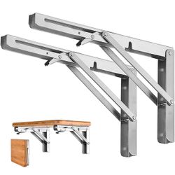 Folding Shelf Brackets - 10 Inch Heavy Duty Stainless Steel Collapsible Shelf Bracket for Bench Table, Space Saving DIY Bracket, Max Load: 100lb (2 PC