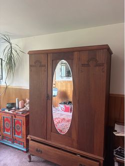 1940s Vintage Armoire with Built-in Shelves and Oval Mirror Door