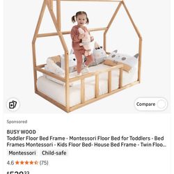 BUSY WOOD Toddler Floor Bed Frame - Montessori Floor Bed for Toddlers