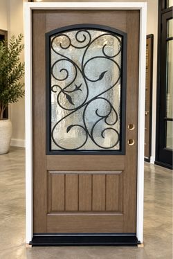 Fiberglass Entry Door with Iron Scrollwork Glass