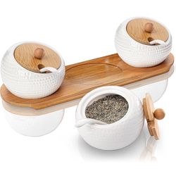 Porcelain Condiment Jar Spice Container with Bamboo Lids & Tray, Set of 3, 6.8 Oz