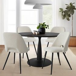 5-Piece Black Round-Shaped Dining Table Set With 4 Beige Upholstered Bouclé Fabric Dining Chair