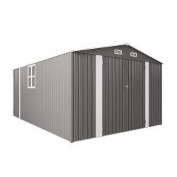 10x14 FT Outdoor Metal Storage Shed, Durable Garden Shed with Three Lockable Doors and Clear Window for Backyard, Patio, Garden, All-Weather Shelter f