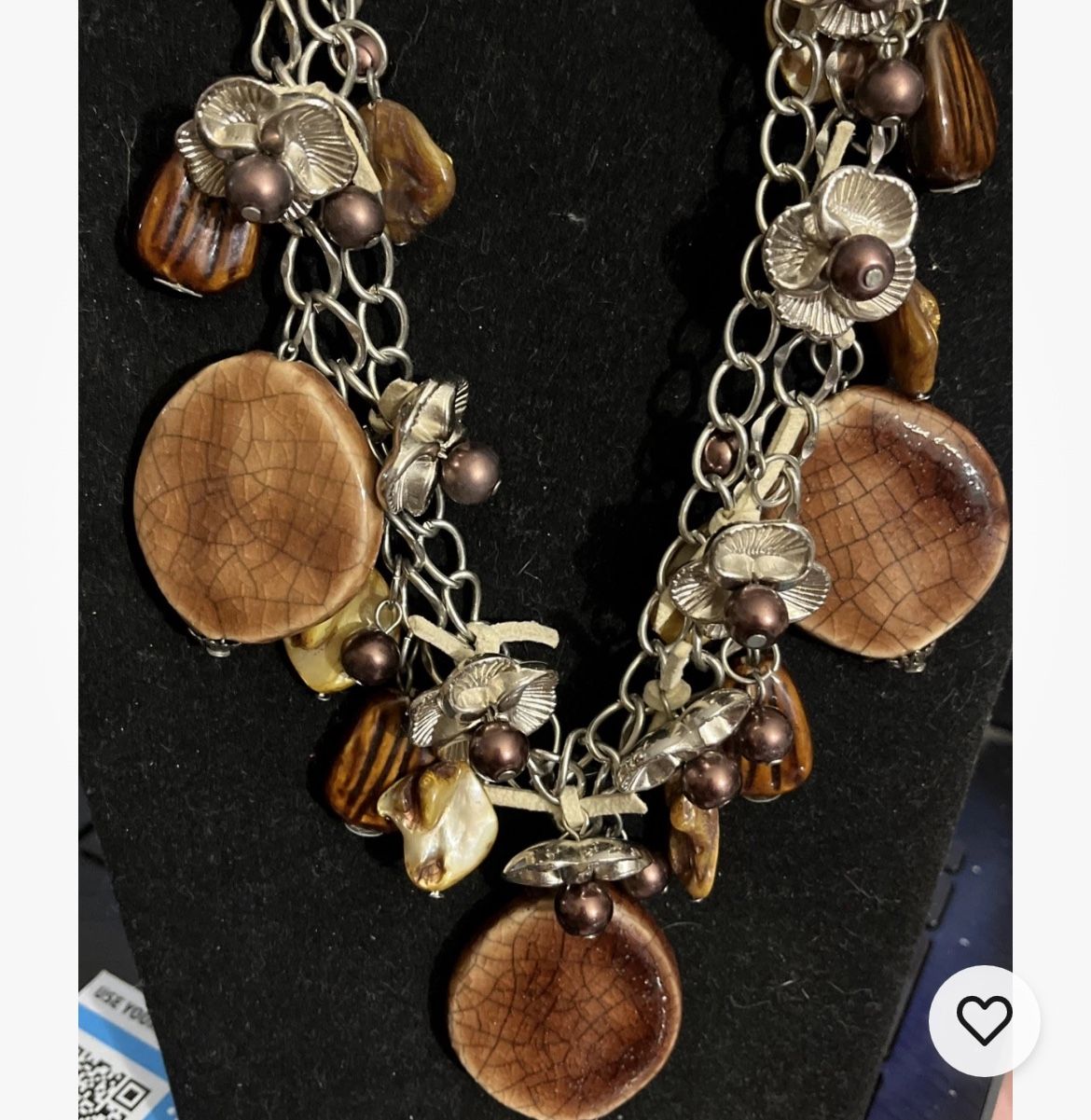 Amber Brown Color Bib Necklace Silver Tone Floral Jewelry Statement