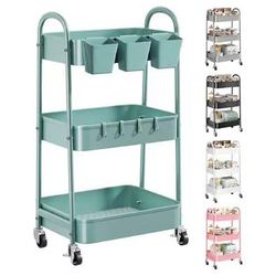 3 Tier Green Metal Rolling Cart with Lockable Wheels and Handle, 3 Tiered Utility Storage Organizer Carts for Teachers, Arts, Craft, Snack, Book, Beds