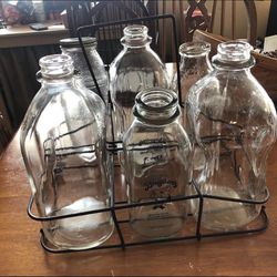 Vintage Antique Milk Bottles And Metal Carrier 