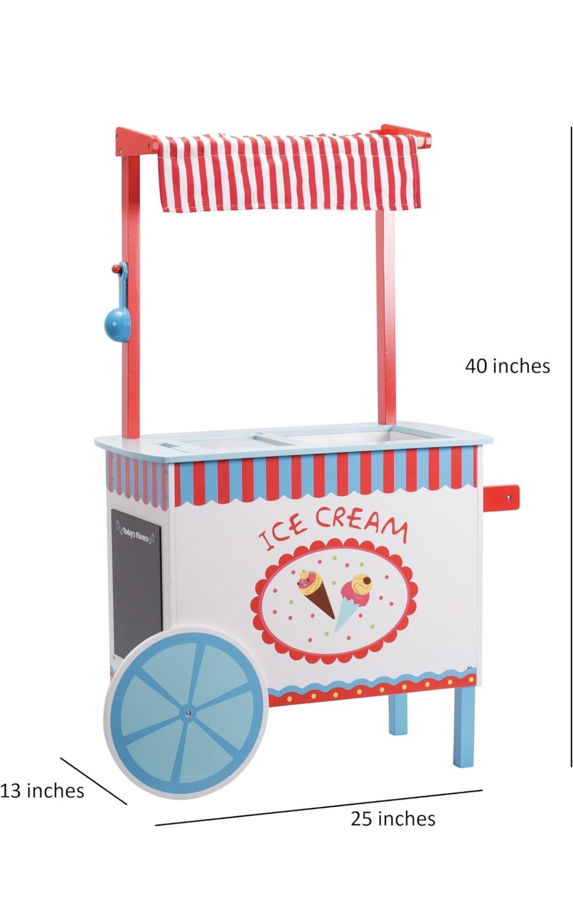 Ice Cream Cart Kids Pretend Play Stand- Premium Wood 23Pc Realistic Wooden Toy Set, Chalkboard, 20+ Icecream Truck Accessories- Popsicle