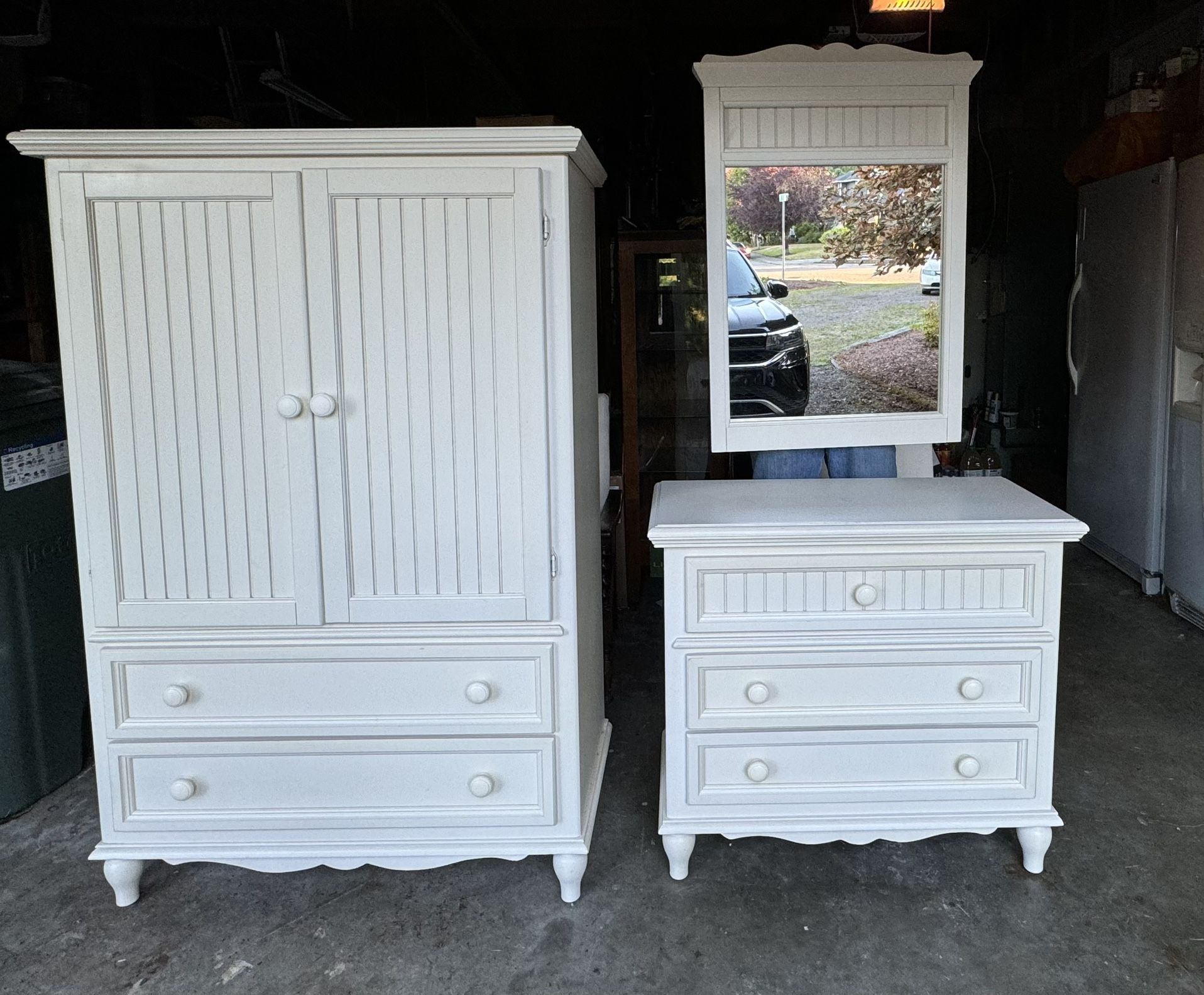 Bassett White Cottage style bedroom dresser, mirror and armoire