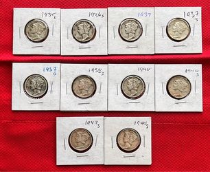 Ten Mercury Dimes From the 1930 and 1940s - 90% Silver