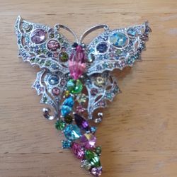 Vintage Aurora Borealis Crystal BUTTERFLY Brooch in Silver Tone 3"