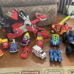 Lot of 13 Cars, Transformer Dino Toys, sports car, fire truck