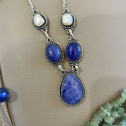 Lapis Lazuli & Pearl Necklace In Sterling Silver 