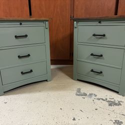 Refinished Vintage Nightstands – Sage Green & Walnut – Set of 2