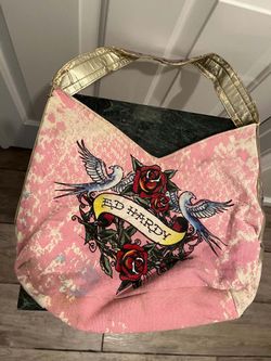 Ed Hardy Pink Canvas Hobo Bag