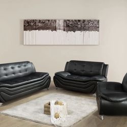 Modern Style Black leather Three Piece Couch Set