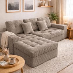 105"W Modular Cloud Sectional Sofa with Ottoman,Faux Rabbit Fur Velvet Frameless Sectional Sofa Couch for Living Room