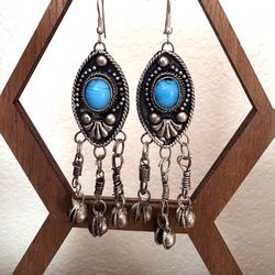 Vintage Tibetan Style Faux Turquoise Dangle Earrings Silver Tone Boho Festival Ethnic
