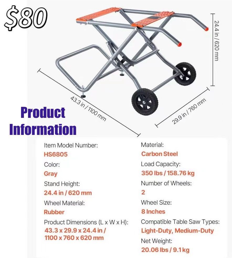 😀 Happybuy Portable Table Saw Stand, 350 lbs Capacity, Foldable with Rolling 8-Inch Rubber Wheels, Heavy-Duty Build for Easy Storage