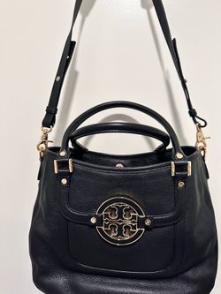 Tory Burch Leather Amanda Classic   Cross body Hobo Tote Purse in Black and Gold