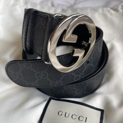 Mens Gucci Black Leather Belt with Silver Buckle