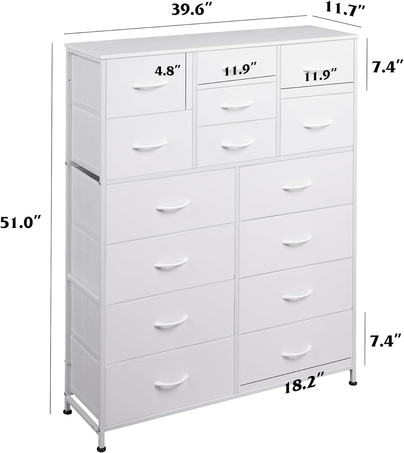 WLIVE Tall White Dresser for Bedroom Furniture, Fabric Dressers Storage Tower with 15 Deep Drawers, Dresser for Closet, Hallway, Entryway, Office, Sto