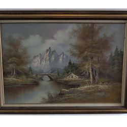 VINTAGE ORIGINAL WOODFRAMED BEAUTIFUL SCENIC CANVAS OIL PAINTING SIGNED CHARLEY" SIGNED "CHARLEY" 31"HX32 1/2"W