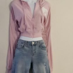 MTV Cropped Terry-Cloth Zip-Up Hoodie Color:Pink Size: XL