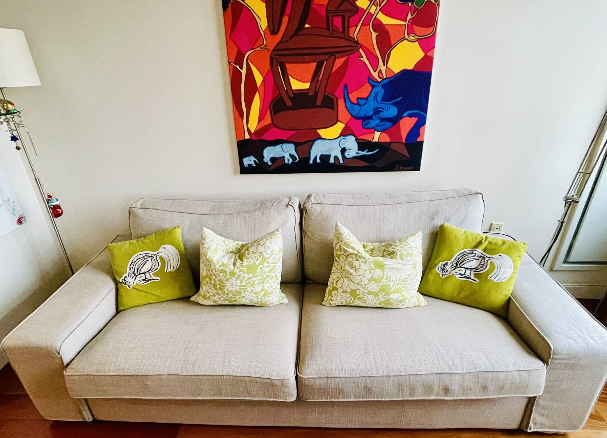 Couch, Arm Chair, Pillows And Two Lamps