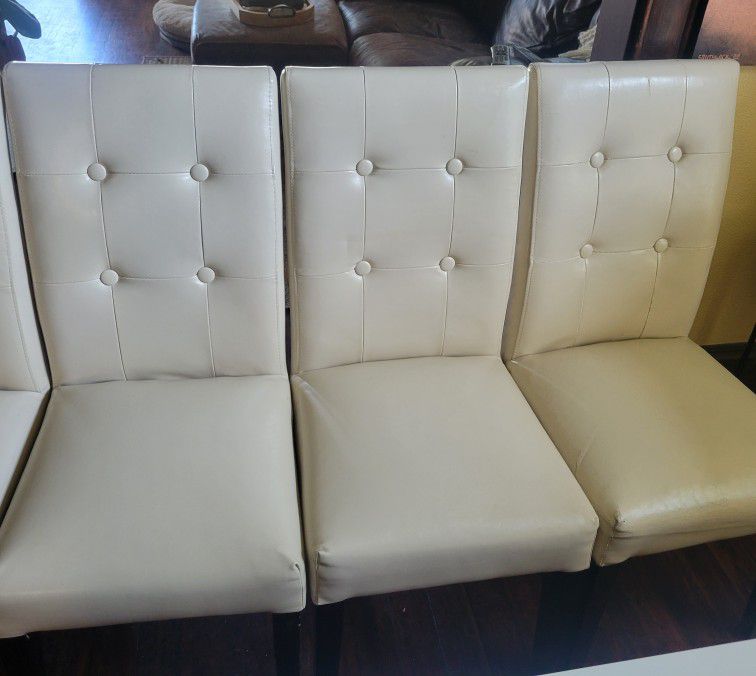 Set Of 4 Leather Dining Chairs Cream Color Wood Legs
