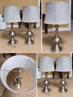 Pair of Brushed Nickel Table Lamps with Gray Shades