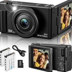 Brand New 5K Digital Camera 80MP Autofocus Vlogging Camera w/ Flip Screen, 2 Batteries & 32GB Card