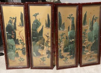 Vintage Four Seasons Inlaid Jade Stone 4 Panel Wall Decorations