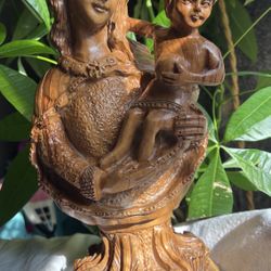 Vtg Solid Olive Wood Handcarved Virgin Mary Bust Holding Baby Jesus Statue