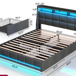 Bed frame with charging station and LED light