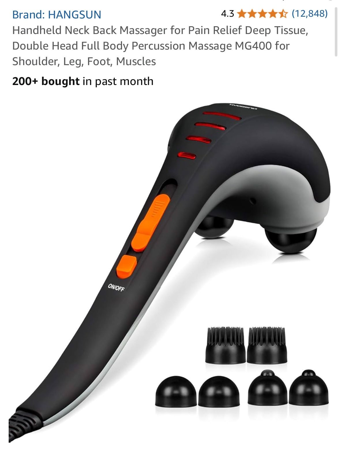 Handheld Neck Back Massager for Pain Relief Deep Tissue, Double Head Full Body Percussion Massage MG400 for Shoulder, Leg, Foot, Muscles