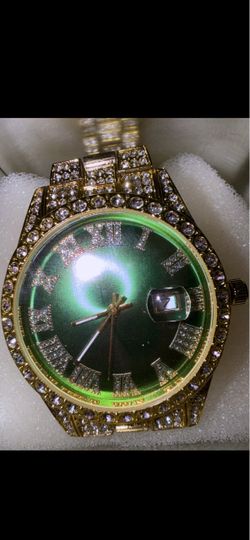 Gold-Tone Iced Out Watch Green Dial