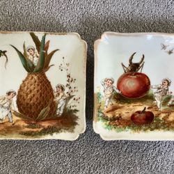 Pair of Antique CFH GDM Limoges France Decorative 7” Plates Oversized Fruit Haviland Porcelain Pineapple Tomato Gold Trim 1800’s Hand Painted