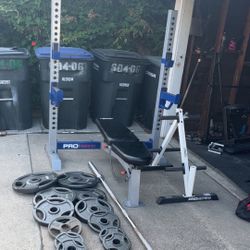 Bench Press Squat Rack, Weights, Weight Tree, And Barbell
