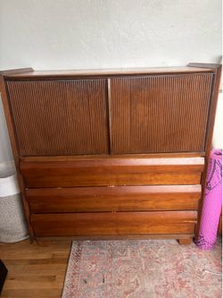 Mid-Century Modern Walnut Tallboy Dresser with Tambour Doors