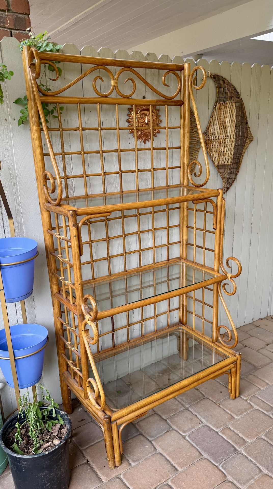 Vintage Large Bamboo Etagere Bookcase Three Shelf Glass ~ Mid Century Modern