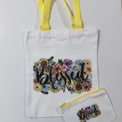 Yellow Blessed Tote Bag with Small Pouch