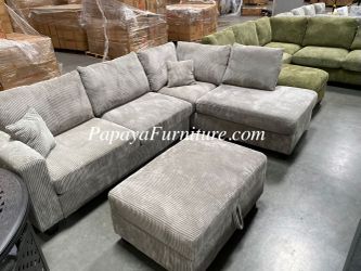 NEW Sectional Couch and FREE STORAGE OTTOMAN Set Gray Fabric Sofa Gray Beige Discount Clearance SALE Small Living Room Space Saving Apartment Size BIG