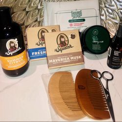 Mens Body,Hair & Beard Care bundle w Squatch Soaps & Wash,Hair Brush-comb & Trim Set-Tea Tree Hair style Cream,Beard Oil,Wipes w/travel bag