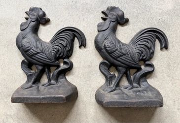 Vintage Farmhouse Doorstop/Bookend Rooster Chicken Cast-Iron Matte Black Set Of Two