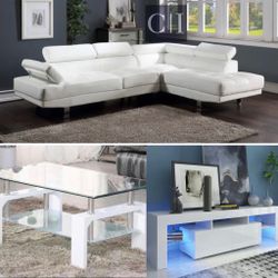 New White  Sectional,  Coffee Table And Tv Stand 