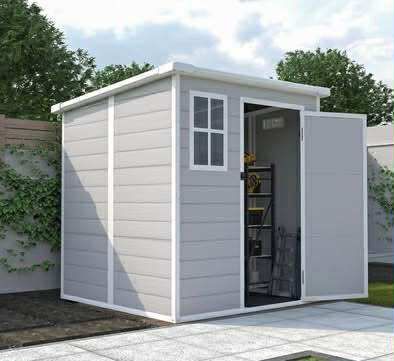 New in Box Resin Outdoor Storage Shed 6 x 6 FT Waterproof Shed Two Windows Floor Lockable Door