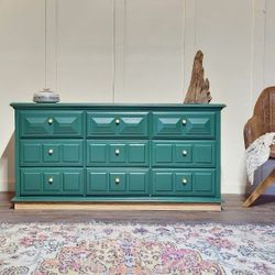 Painted Triple Dresser | Solid Wood Dresser |Long Painted Dresser| 9 Drawer  Dresser |Vintage Wood Drawers | Customizable Long Dresser |Green for Sale  in Conyers, GA - OfferUp
