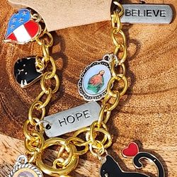 Charm Bracelets With Cats, American flags, Inspirational Words and Saints 